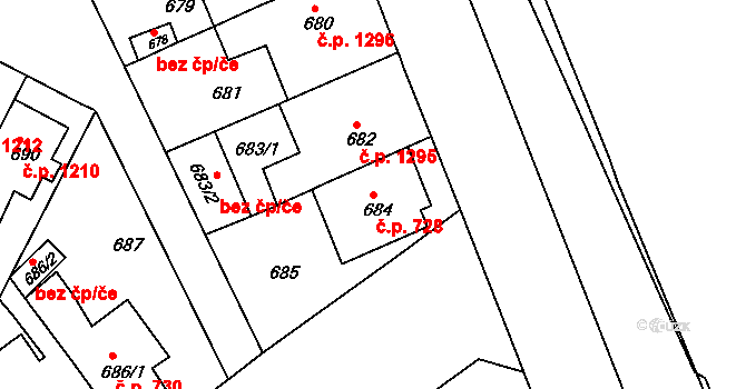 Černá Pole 728, Brno na parcele st. 684 v KÚ Černá Pole, Katastrální mapa