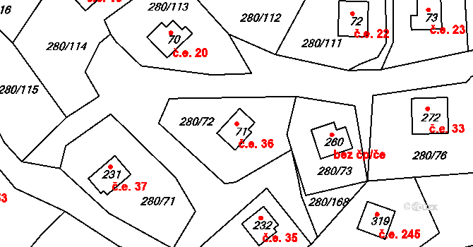 Skalka 36, Cheb na parcele st. 71 v KÚ Skalka u Chebu, Katastrální mapa