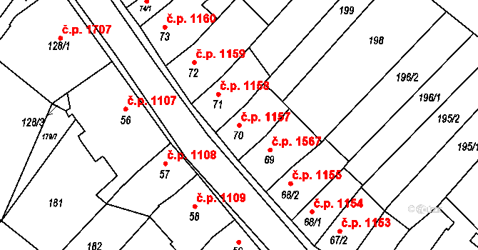 Ivančice 1157 na parcele st. 70 v KÚ Kounické Předměstí, Katastrální mapa