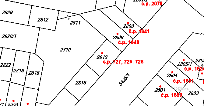 Východní Předměstí 725,727,728, Plzeň na parcele st. 2813 v KÚ Plzeň, Katastrální mapa