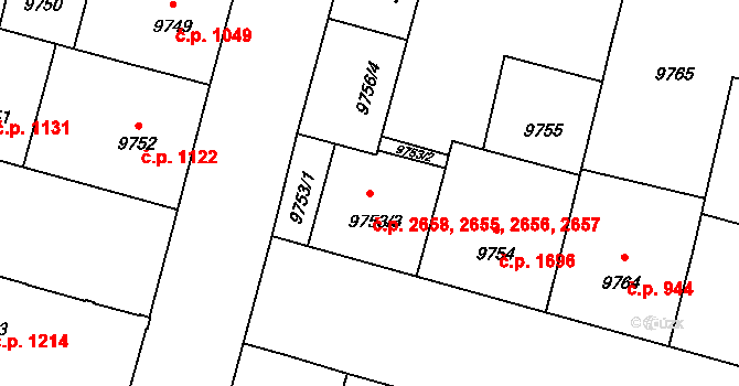 Jižní Předměstí 2655,2656,2657,2658, Plzeň na parcele st. 9753/3 v KÚ Plzeň, Katastrální mapa