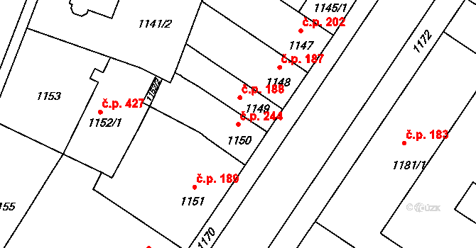 Pečky 244 na parcele st. 1150 v KÚ Pečky, Katastrální mapa