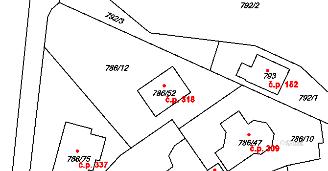 Jehnice 318, Brno na parcele st. 786/52 v KÚ Jehnice, Katastrální mapa