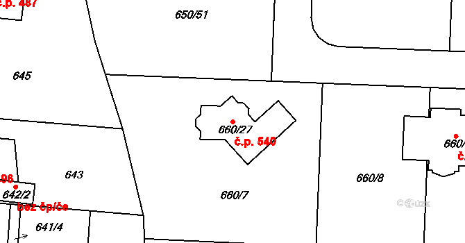 Dubeč 540, Praha na parcele st. 660/27 v KÚ Dubeč, Katastrální mapa