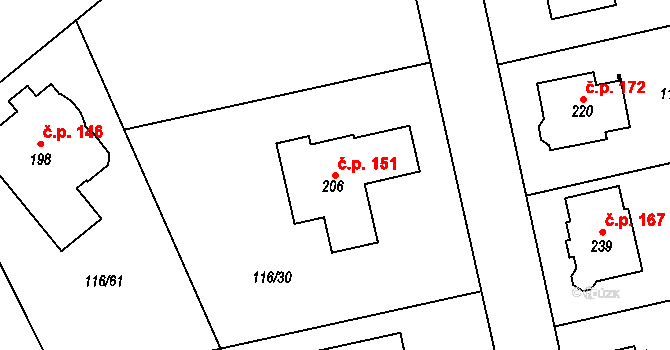 Škrovád 151, Slatiňany na parcele st. 206 v KÚ Škrovád, Katastrální mapa