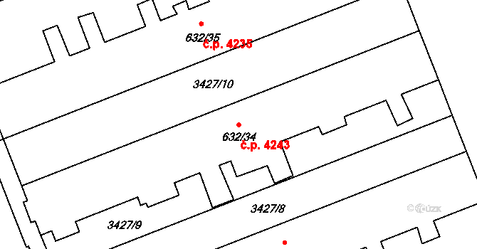 Hodonín 4243 na parcele st. 632/34 v KÚ Hodonín, Katastrální mapa