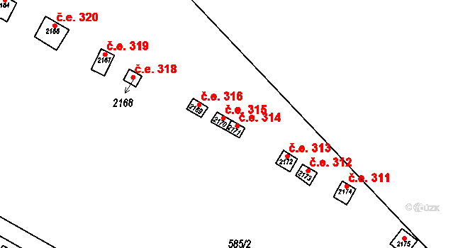 Uničov 314 na parcele st. 2171 v KÚ Uničov, Katastrální mapa