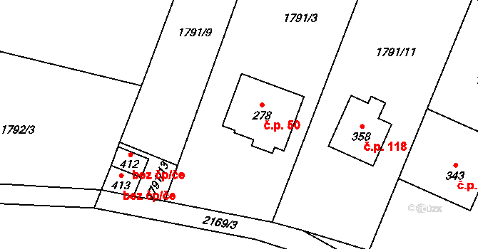 Hvězdonice 50 na parcele st. 278 v KÚ Hvězdonice, Katastrální mapa