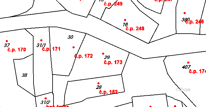 Bystřice nad Pernštejnem 173 na parcele st. 29 v KÚ Bystřice nad Pernštejnem, Katastrální mapa