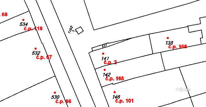 Milešovice 2 na parcele st. 141 v KÚ Milešovice, Katastrální mapa