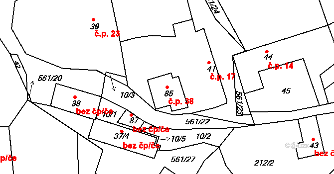 Mirošov 38, Valašské Klobouky na parcele st. 85 v KÚ Mirošov u Valašských Klobouk, Katastrální mapa