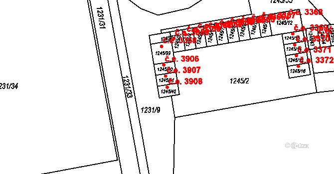 Prostřední Suchá 3908, Havířov na parcele st. 1245/42 v KÚ Prostřední Suchá, Katastrální mapa