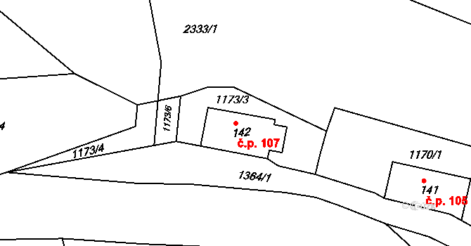 Suchý Důl 107 na parcele st. 142 v KÚ Suchý Důl, Katastrální mapa