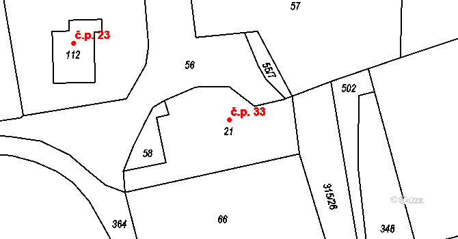 Ráby 33 na parcele st. 21 v KÚ Ráby, Katastrální mapa