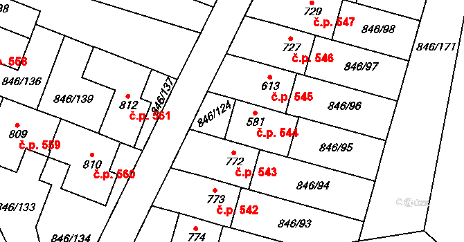 Lysice 544 na parcele st. 581 v KÚ Lysice, Katastrální mapa