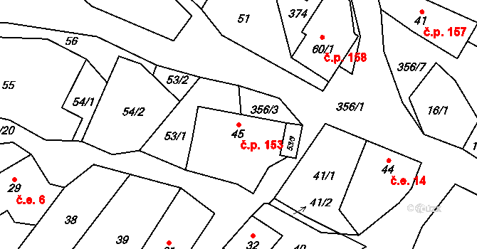 Bušín 153 na parcele st. 45 v KÚ Hartíkov, Katastrální mapa