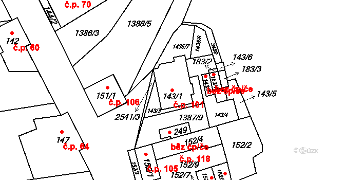 Stebno 101, Kryry na parcele st. 143/1 v KÚ Stebno u Petrohradu, Katastrální mapa