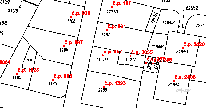 Žatec 957 na parcele st. 1121/1 v KÚ Žatec, Katastrální mapa