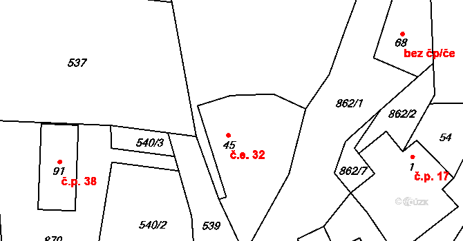 Liškov 32, Čížkov na parcele st. 45 v KÚ Liškov, Katastrální mapa