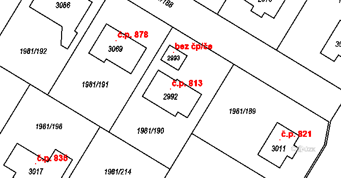 Litice 813, Plzeň na parcele st. 2992 v KÚ Litice u Plzně, Katastrální mapa