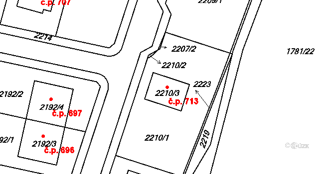 Rájec 713, Rájec-Jestřebí na parcele st. 2210/3 v KÚ Rájec nad Svitavou, Katastrální mapa