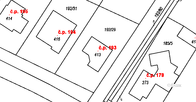 Vraclav 193 na parcele st. 413 v KÚ Vraclav, Katastrální mapa