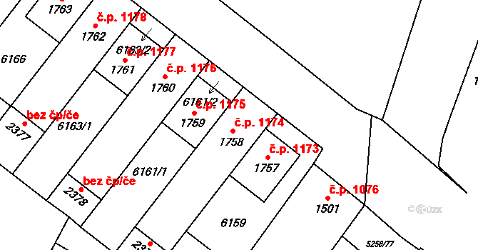 Velké Bílovice 1174 na parcele st. 1758 v KÚ Velké Bílovice, Katastrální mapa
