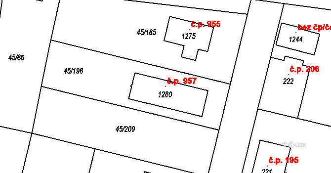 Hovorčovice 957 na parcele st. 1280 v KÚ Hovorčovice, Katastrální mapa