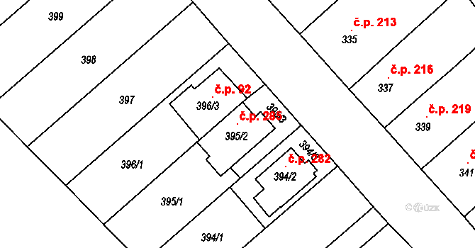 Vícemilice 285, Bučovice na parcele st. 395/2 v KÚ Vícemilice, Katastrální mapa