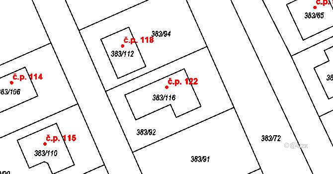 Dívčice 122 na parcele st. 383/116 v KÚ Dívčice, Katastrální mapa