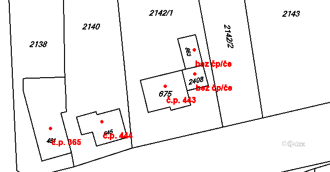 Hranice IV-Drahotuše 443, Hranice na parcele st. 675 v KÚ Drahotuše, Katastrální mapa