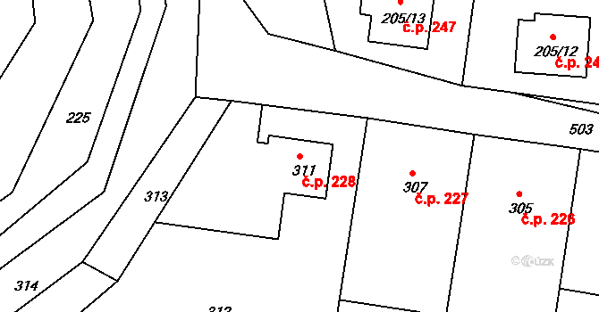 Malešov 228 na parcele st. 311 v KÚ Malešov, Katastrální mapa
