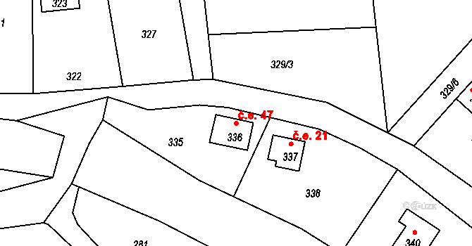 Dojetřice 47, Sázava na parcele st. 336 v KÚ Dojetřice, Katastrální mapa
