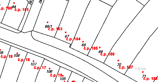 Trhové Sviny 185 na parcele st. 68 v KÚ Trhové Sviny, Katastrální mapa