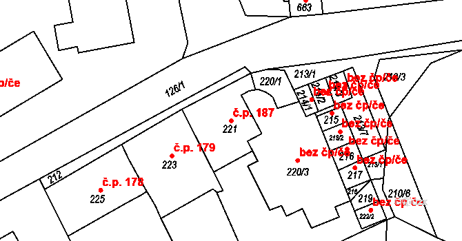 Dalovice 187 na parcele st. 221 v KÚ Dalovice, Katastrální mapa
