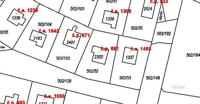 Hradištko 681 na parcele st. 2355 v KÚ Hradištko pod Medníkem, Katastrální mapa