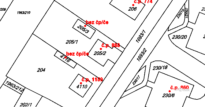 Sadská 888 na parcele st. 205/2 v KÚ Sadská, Katastrální mapa