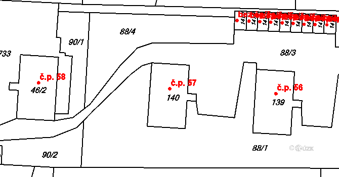 Hlemýždí 57, Brniště na parcele st. 140 v KÚ Hlemýždí, Katastrální mapa