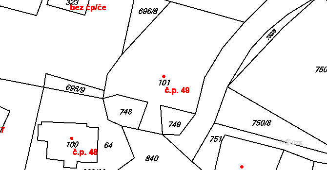 Polevsko 49 na parcele st. 101 v KÚ Polevsko, Katastrální mapa
