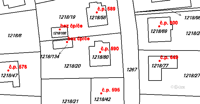 Doksy 590 na parcele st. 1218/80 v KÚ Doksy u Máchova jezera, Katastrální mapa