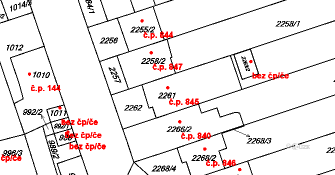Lužice 845 na parcele st. 2261 v KÚ Lužice u Hodonína, Katastrální mapa