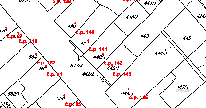 Zarazice 142, Veselí nad Moravou na parcele st. 440/1 v KÚ Zarazice, Katastrální mapa