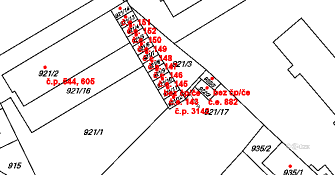 Vyškov-Předměstí 143, Vyškov na parcele st. 921/11 v KÚ Vyškov, Katastrální mapa