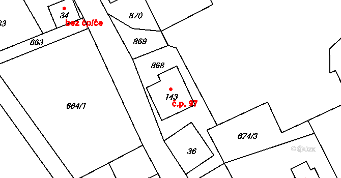 Nižní Lhoty 97 na parcele st. 143 v KÚ Nižní Lhoty, Katastrální mapa