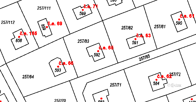 Zlenice 65, Lštění na parcele st. 592 v KÚ Lštění, Katastrální mapa