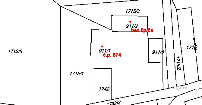 Hejnice 574 na parcele st. 911/1 v KÚ Hejnice, Katastrální mapa