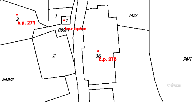 Bernartice 270 na parcele st. 36 v KÚ Bečkov, Katastrální mapa