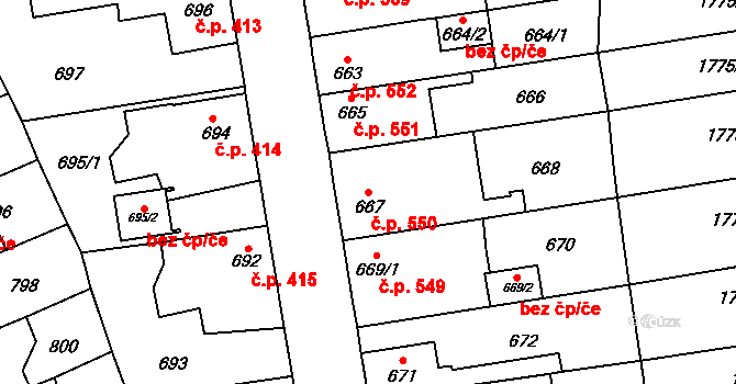 Kosmonosy 550 na parcele st. 667 v KÚ Kosmonosy, Katastrální mapa
