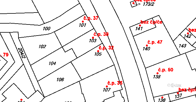 Břuchotín 32, Křelov-Břuchotín na parcele st. 105 v KÚ Břuchotín, Katastrální mapa