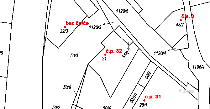 Snědovice 32 na parcele st. 21 v KÚ Snědovice, Katastrální mapa